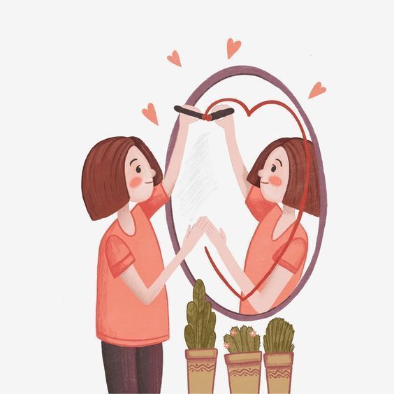 An illustration of a girl drawing heart in mirror, self love.