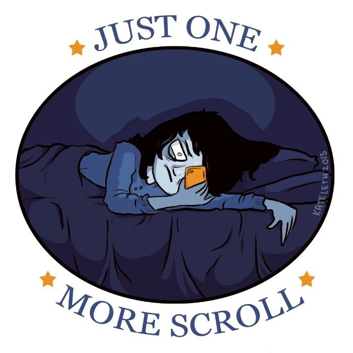 An illustration of a tired girl in bed who is saying ... Just one more scroll.