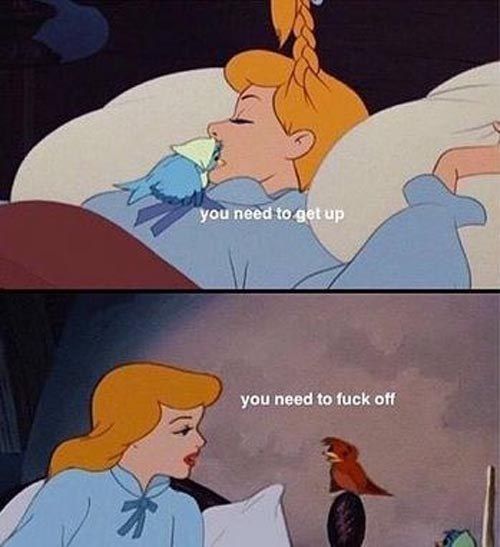 A funny image of cartoon where a bird is trying to wake up a girl and says 'you need to get up' and the girl says 'you need to fuck off'.