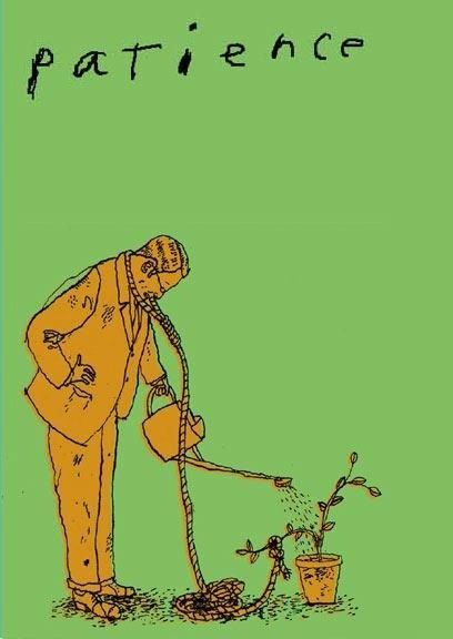 An illustration of a man watering a plant with a rope around his neck.
