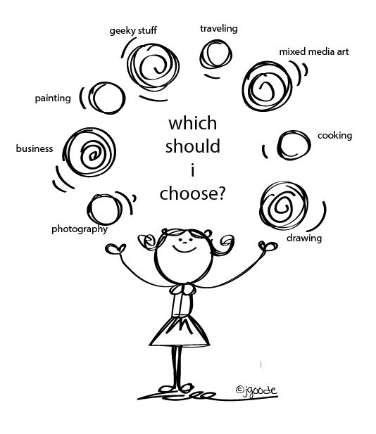 An illustration of a girl deciding to choose between multiple things.